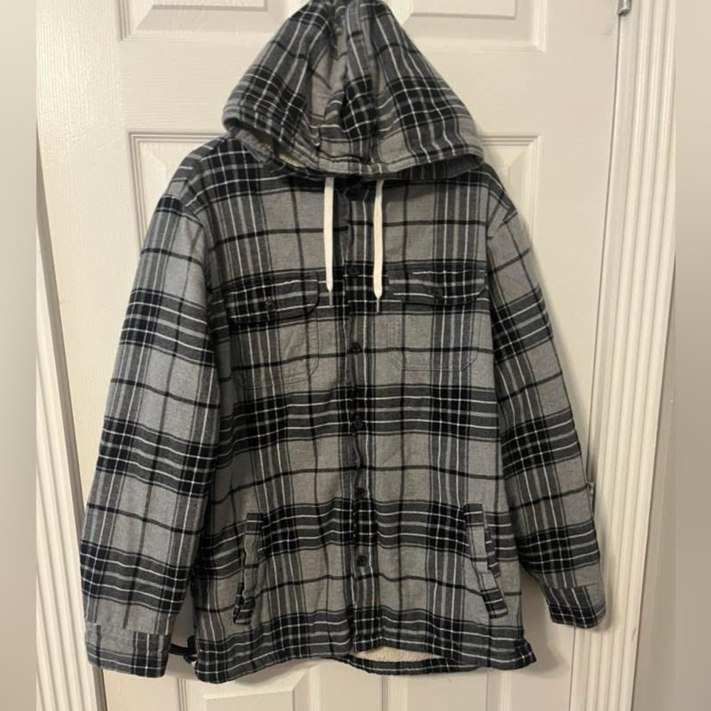 Lands' End Black and Gray Plaid Hooded Jacket